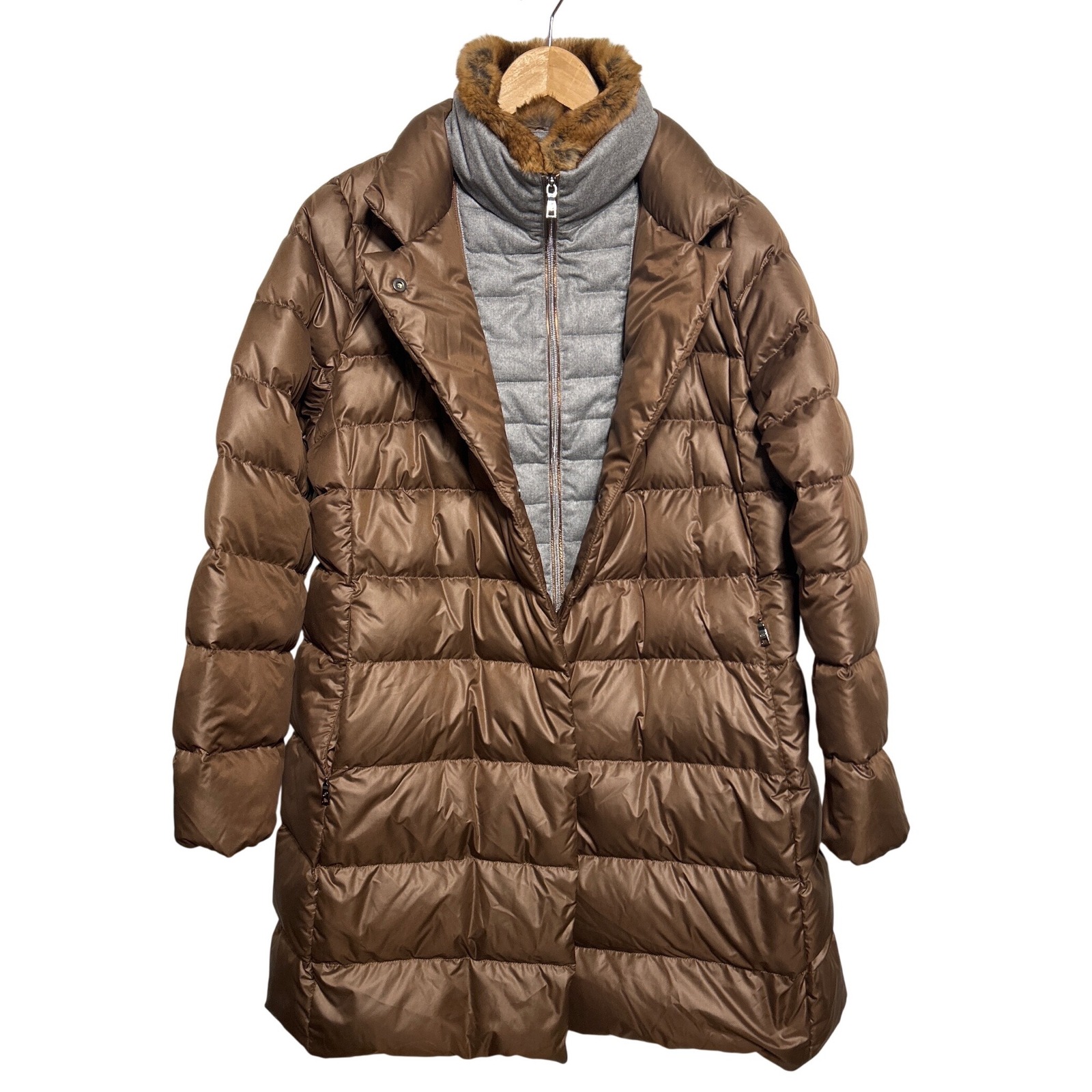 Schneiders Of Salzburg Lia Fur Collar Layered Down Puffer Coat Brown Size 14 Euc